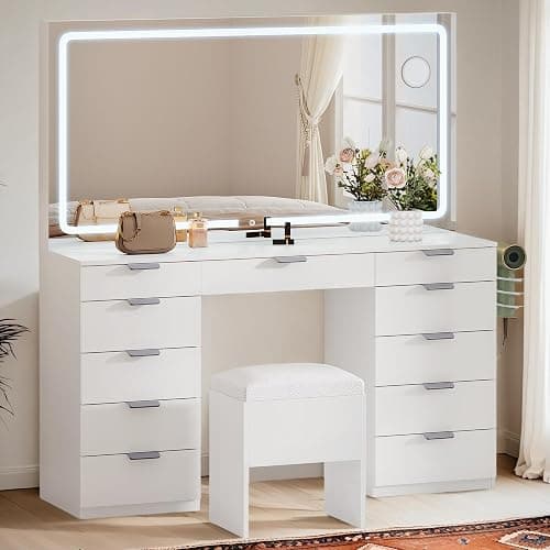 YITAHOME 46" Vanity Table with LED Lighted Mirror, Makeup Desk with 11 Drawers, Cushioned Storage Stool, Vanity Set with Power Outlet & Magnifying Mirror, White thumbnail 3