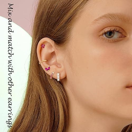 FIRSAUKI Earring Sets for Multiple Piercing Small Gold Earring Stack 14K Gold/Silver Plated Huggie Hoop Earrings for Women Hypoallergenic Cartilage Stud Gold and Green Earring Set - F:Pink CZ thumbnail 3