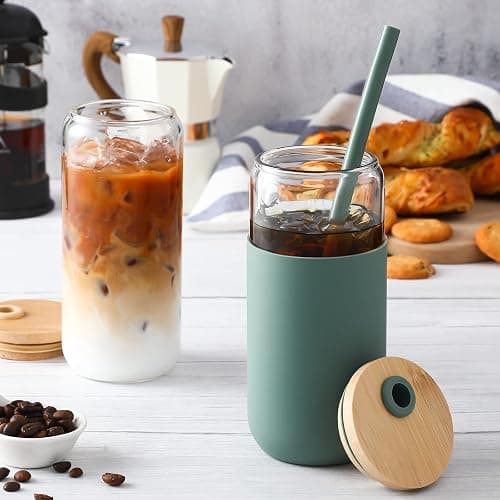 20oz Glass Water Tumbler with Silicone Protective Sleeve - Beer Shaped Glass Cups with Straw and Bamboo Lid, Iced Coffee Glasses, Cute Drinking Glasses for Water, Smoothie, Gift - Cambridge Blue thumbnail 2