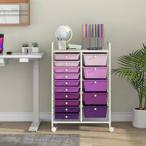 LDAILY 15 Drawer Rolling Storage Cart, Rolling Cart with Drawers for Classroom, Art Supply Craft Organizer on Wheel with Metal Frame & Handles for Home Office School thumbnail 9