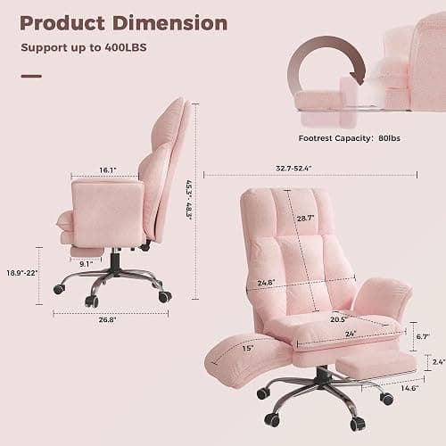 Big and Tall Office Chair, Flip Armrests for Pets & Cross Legged Sitting | Executive Ergonomic Computer Gaming Chair with Foot Rest, Teddy Fleece Wide Seat Reclining Desk Chair, Pink thumbnail 2