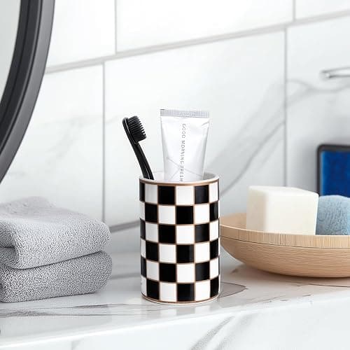 Checkered Bathroom Toothbrush Holder, Bathroom Black and White Ceramic Toothbrush Holder, Modern Toothbrush Box, Used for Bathroom countertop Storage Rack, Checkered Bathroom Decoration (Black) thumbnail 2