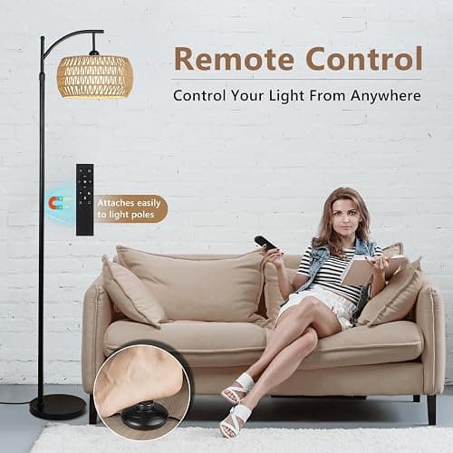 Arc Floor Lamp with Remote Control, Dimmable LED Floor Lamp with 3 Color Temperature, Black Standing Lamp with Rattan & Fabric Double Drum Shade, Boho Farmhouse Tall Pole Lamp for Living Room Bedroom thumbnail 3