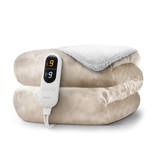 KEPLIN Large Electric Heated Throw Blanket - Electric Heated Blanket Throw for Bedspread 9 Heat Settings & Timer, Machine Washable Fleece Wool Duvet with 1 Year Warranty - Cream/Cream Sherpa - Image 1