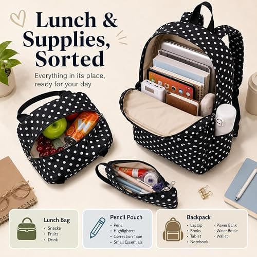 Bluboon Teen Girls School Backpack Kids Bookbag Set with Lunch Box Pencil Case Travel Laptop Backpack Casual Daypacks (Black Polka Dots) thumbnail 4