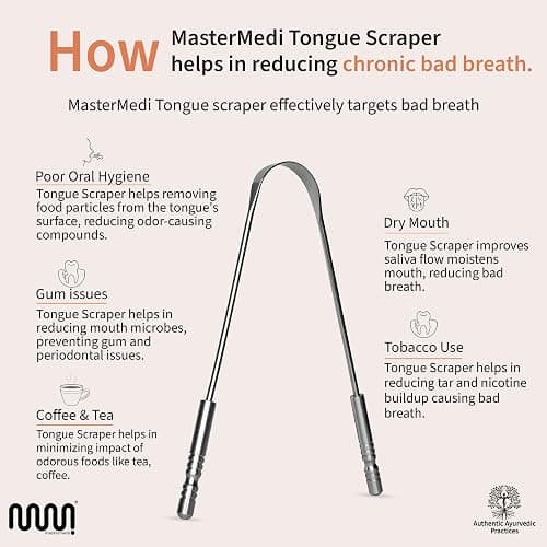 MasterMedi Tongue Scraper for Adults, 100% Stainless Steel Tongue Scrubber for Bad Breath, Easy to Use, Tongue Cleaner for Oral Care & Hygiene (SS Pack of 3) thumbnail 4