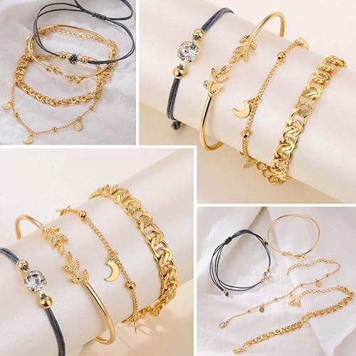 17IF 18-25 PCS(6 Pack) Boho Gold Bracelets Set for Women Stackable Chunky Dainty Bangles Adjustable Chain Flat Cuff Cuban Punk Charm Bundle Jewelry thumbnail 6
