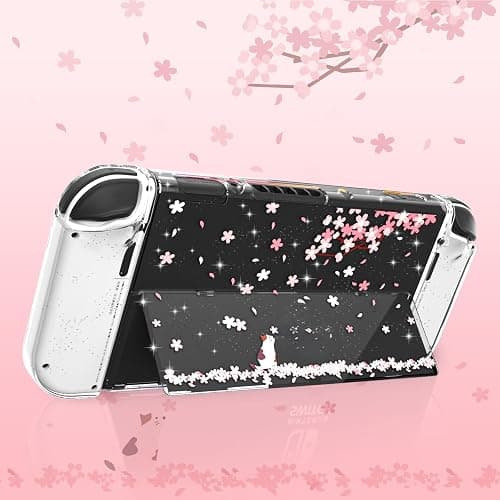 Cute Switch OLED Case – Dockable Glitter Clear Protective Cover with Cherry Blossom Design, Tempered Glass Screen Protector & Thumb Grips for Nintendo Switch OLED thumbnail 2