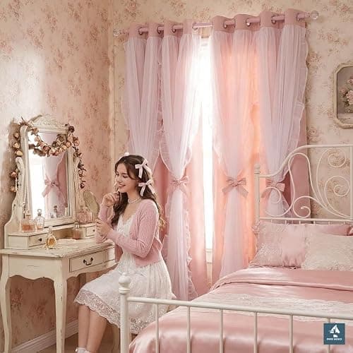 PONY DANCE Pink Blackout Curtains for Nursery/Girls Bedroom, 2 Panels | Double Layer Bow Curtains with Ruffle Sheer Overlay, Cute Shabby Chic Kids Toddler Room Decor Drapes Coquette Style,W52 x L84 thumbnail 9