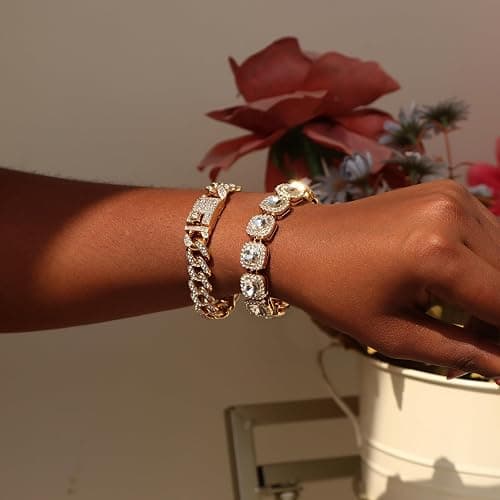 shopbyskyler 4PCS Gold Bracelets for Women Silver Clustered Tennis Bracelet for Women Heart Round Diamond Cuban Bracelet Layered Link Bracelet Set Fashion Jewelry for Women Set thumbnail 2