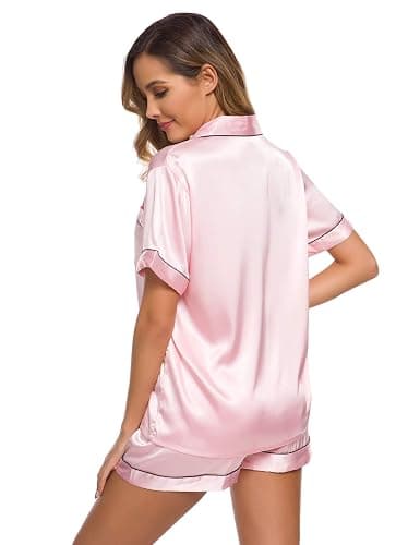 SWOMOG Womens Silk Satin Pajamas Set Short Sleeve Button Down Sleepwear Loungewear 2 Pcs Pj Sets thumbnail 6