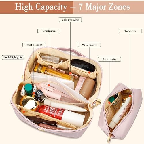 CLOUDWINGS Birthday Gifts for Women Teen Girl, Personalized Initial Makeup Organizer Bag Set, Open Flat Travel Cosmetic Bag With Clear Divider and Handle(Pink,L) thumbnail 4