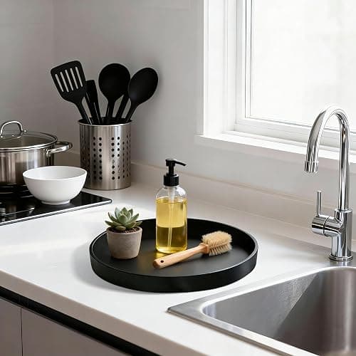 Blaucasa Bathroom Vanity Tray, 1 Pack 9" ABS Black Round Vanity Trays for Bathroom Counter, Dresser Decor Trays for Perfume, Candles, Keys, Kitchen Countertop Organizer, Decorative Tray Soap Holder thumbnail 5
