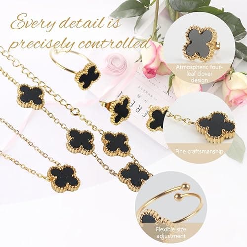 SUEHBEXF Vierblättriges Kleeblatt Schmuck Set, 18 Karat Vergoldet Edelstahl Zweiseitig Vierblättriges Schmuck, Geschenke für Damen und Mädchen thumbnail 3