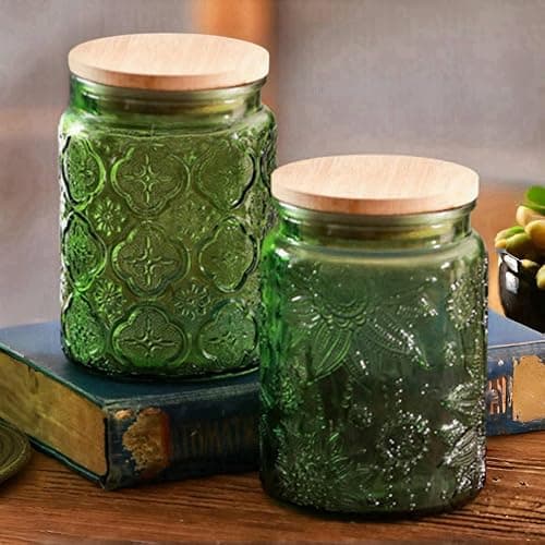 Green Glass Canister, Candy Jar with Lid, 23.7 FL OZ Vintage Colored Mason Jars for Kitchen Decorative Jar for Coffee Tea Candy Cookies, Cute Jars (Green, 1 Pack) thumbnail 2