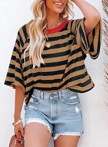 Dokotoo Tops for Women Striped T Shirts Color Block 2026 Summer Basic Tee | Fall Outfits,Short Sleeve,Crewneck,Business Casual,Oversized,Resort Wear,Crop Tops,Cruise Outfits,Fashion Clothing thumbnail 2