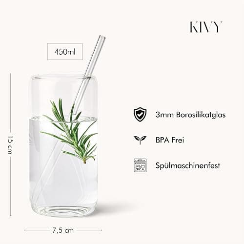KIVY Trinkgläser Set mit Glas Strohhalm [4x 450ml] Eiskaffee, Wasser & Matcha Glas - Longdrinkgläser Set - Kaffee & Matcha Gläser - Kaffeegläser - Latte Macchiato Gläser - Hohe Cocktailgläser thumbnail 2