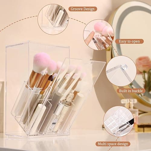 LOHRYVIO Acrylic Makeup Brush Holder with Slanted Flip-Top Lid - Clear Dustproof Cosmetic Make up Brush Organizer and Storage Box - Large Capacity 17-Slots Container for Vanity Brushes (Transparent) thumbnail 4