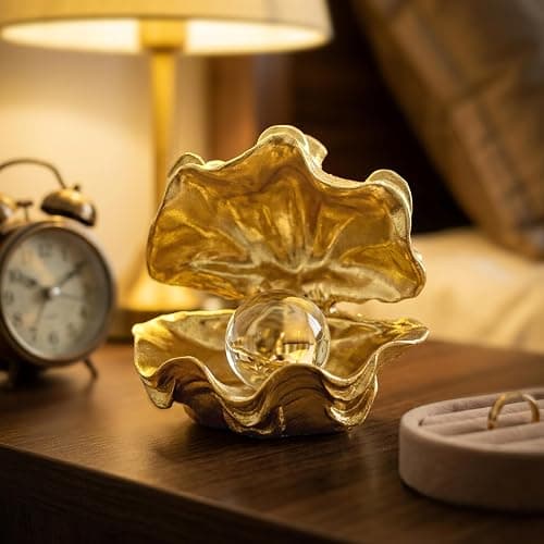 Zhao Xiang Pearl Oyster Statues Home Decor Accent Gold Decorations | Coastal Resin Gold Decor Figurine, Seashell Decor for Gold Desk Accessories, Bathroom Decorations, Dressing Table Shelf Decor thumbnail 6