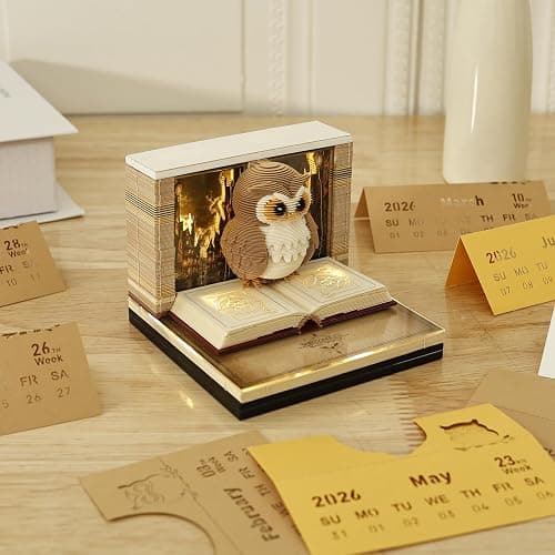 Time Piece Calendar 2026, 3D Calendar 2026 Desk, Tear-Away 3D Memo Pad, Weekly Calendar, Magic Book and Cute Owl Paper Carving Art Notepad with LED Lights for Thanksgiving Christmas Desktop Decor Gift - Image 1