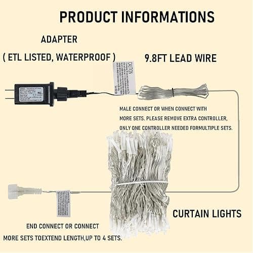 Dazzle Bright 300 LED Curtain String Lights, Christmas Fairy Lights for Bedroom with 8 Lighting Modes, Connectable Waterproof Window Lights Party Wedding Garden Wall Decor, White thumbnail 5