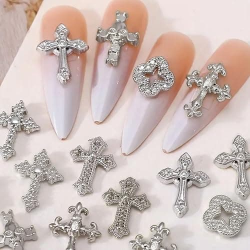 60 Pcs Kreuz Nagel Charms für Nagelkunst, 3D Metall Kristall Kreuz Nagel Dekorationen, Legierung Nagel Nieten und Strasssteine für Frauen Mädchen DIY Schmuck Handwerk Zubehör (B-Silber) thumbnail 6