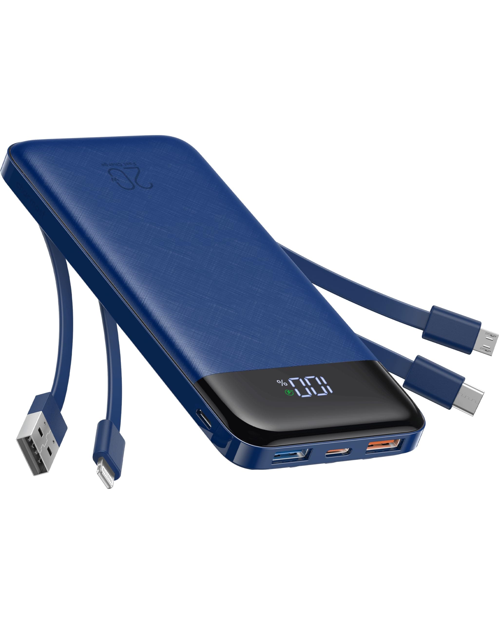 Charmast 20000mAh Power Bank 22.5W Built in 4 Cables, Slim USB C Portable Charger, LED Display Battery Pack with 5 Output and 4 Input,Compatible with iPhone, Samsung, Tablets and More(Blue) - Blue - Image 1