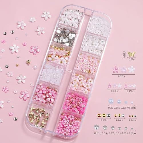 MSLSOZ 3D Nail Charms Set, 2 Boxes Nail Art Decor(Bow, Flower, Half Pearl), Pink Glitter Flower & Bow Nail Charms, Art Decorative Accessories for Manicure Design & DIY Crafts thumbnail 4
