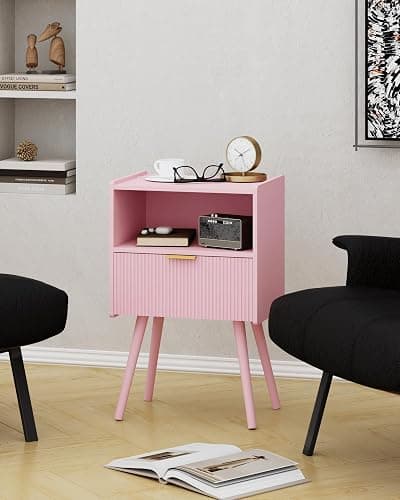 JOONEE Nightstand,Modern Bedside Table with Storage Drawer and Open Wood Shelf, for Living Room, Bedroom and Small Spaces, Accent Night Stand with Solid Wood Legs, Easy Assembly,Classic Pink thumbnail 7