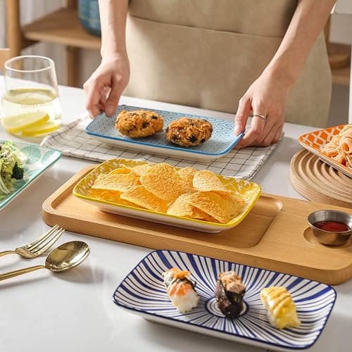 Selamica Ceramic 8 inch Rectangular Salad Plates, Dinner Plates, Pasta Dessert Plates for Appetizer, Sushi, Fruit - Microwave/oven/Dishwasher Safe, Set of 6, Assorted Colors thumbnail 6
