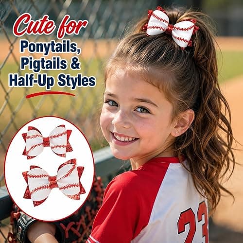 Danyarts 2PCS Baseball Hair Bow Clips for Girls, Game Day Baseball Bows | 2 red glitter baseball bow clips with alligator clips for girls, for game day, softball, team spirit and sports events. thumbnail 5
