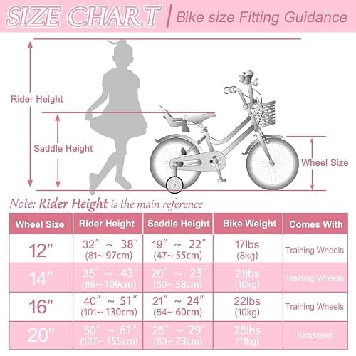 Glaf 12 14 16 20 Inch Girls Bike with Training Wheels for Kids Age 2-12 Years Old Toddler Girls Bike with Basket and Doll Seat Kids Bicycle Adjustable Seat thumbnail 8