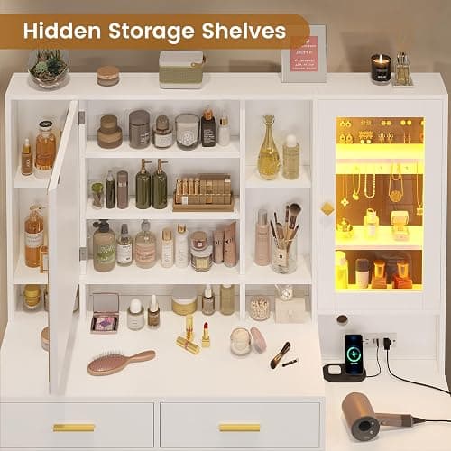 BTHFST Makeup Vanity with Upholstered Stool & Charging Station, Vanity Desk with Mirror and Lights, Vanity Table Set with Jewelry Storage & RGB Lights & 5 Drawers & Shelves, White & Gold thumbnail 3