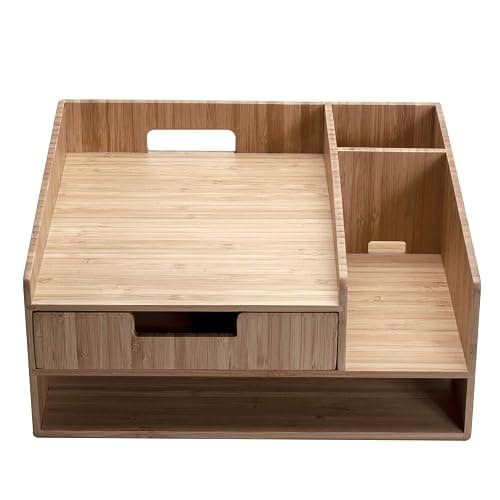 MobileVision Bamboo Telephone Stand With Drawer Paper Tray & Pencil Holder Storage Solution for office products pens scissors staplers notepads business cards & more - Bamboo Stand + Drawer + Tray thumbnail 5