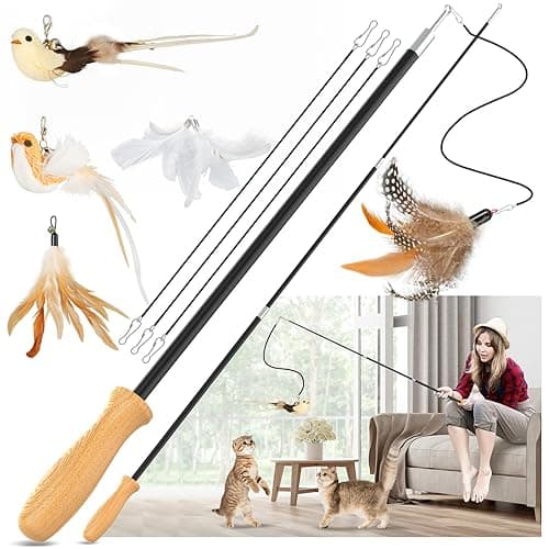 ROSAUI Cat Teaser Wand Toys, Interactive Bird Toys for Indoor Kittens, 42.15’’ Long Cat Fishing Pole Toys, 2Pcs Wires and 5Pcs Natural Refills, Sustainable Wooden Handles, Exercising, Playing - Image 1