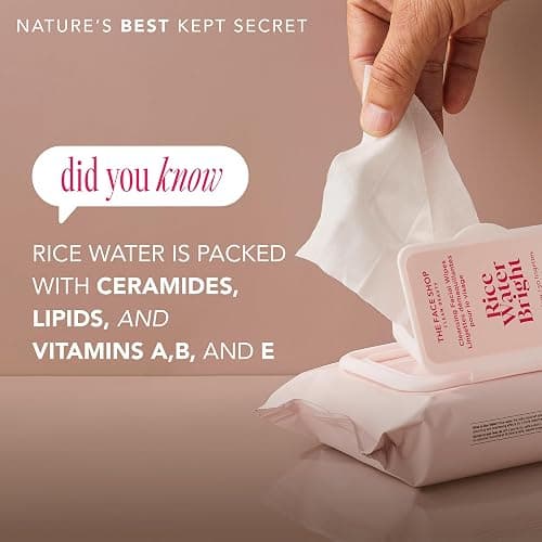 The Face Shop Rice Water Bright Makeup Remover Wipes for Face with Rice Extract, Brightening, Moisturizing, Infused with Cleansing Milk, Vegan Disposable Cleansing Facial Wipes, Korean Skin Care thumbnail 3