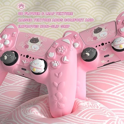 PlayVital for PS5 Controller Cover Skin - Cherry Blossoms Kitten Anti-slip Grip Skin with Thumb Grip & Sticker - Soft Rubber Protector for PS5 Controller Accessories - Pink thumbnail 3