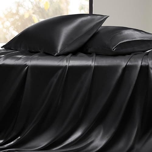 Bedsure Black Satin Sheets Queen Size - 4 Piece Silky Bedsheets with 15 Inches Deep Pocket Fitted Bedsheet,1 Flat Sheet, 2 Satin Pillowcases, Good for Hair & Skin (Queen, Black) thumbnail 9