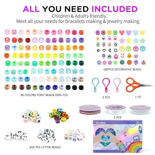 Gionlion 96 Colors 3550 Pcs Pony Beads Bracelet Making Kit, 5 Boxes Friendship Bracelet Kit with Letter Beads 6x9mm Rainbow Kandi Bead for Bracelets Jewelry Keychain Making Kit, Crafts Gifts for Kids thumbnail 4