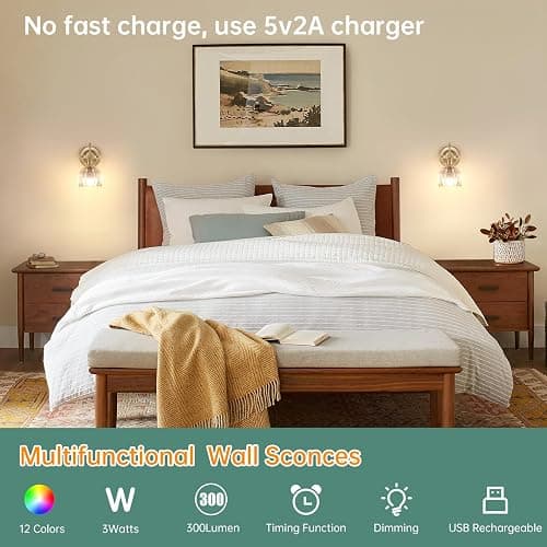 Shenmoyl Vintage Battery Operated Wall Sconce Set of 2, 5000mAh Rechargeable Wall Light, Indoor Battery Powered Wall Lamp for Bedside Bedroom Living Room, Tulip Clear thumbnail 3