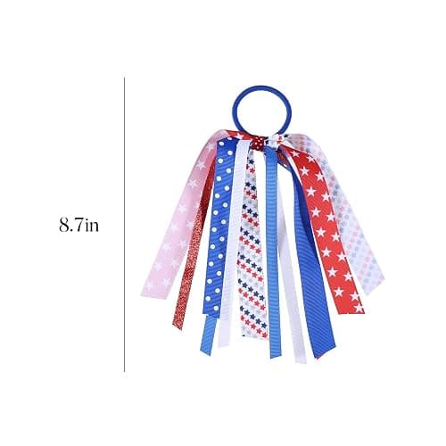 Girls Patriotic Ponytail Hair Ribbon Streamer 4th of July Red White Blue American Flag Pony Holder Elastic Hair Tie Bands Independence Memorial Day outfit Pigtail Decor Accessories thumbnail 7