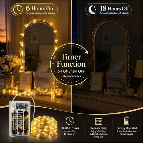 SINAMER 16FT 50LED Fairy Lights Battery Operated (Included), 8 Modes & Time | Waterproof Silver Wire, Mini Twinkle Starry Firefly Lights, For Mason Jars Party Wedding Parties Wreath Decor, Warm White thumbnail 4