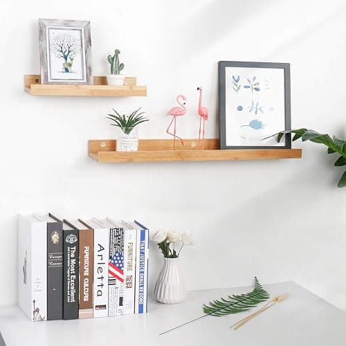 YOYAI Natural Bamboo Floating Shelves Rustic Wood Wall Shelves Wooden Wall Storage Organizer Home Decor Living Room Kitchen Bedroom (Natural, 13.8 in) thumbnail 7