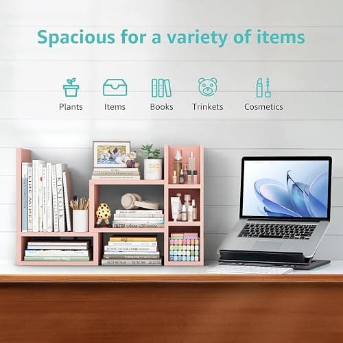 NUTIKAS Desk Shelves Desktop Orgnizer Shlef - Pink Office Organization for Top of Desk Organizers and Accessories Corner Bookshelf Table Top Shelving Small Hutch Decorations for Office thumbnail 5