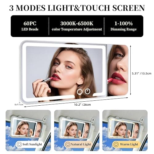 Car sun visor makeup mirror, equipped with 3x magnifying glass and three-color adjustable brightness soft light mirror, rechargeable, suitable for all models (White) thumbnail 2