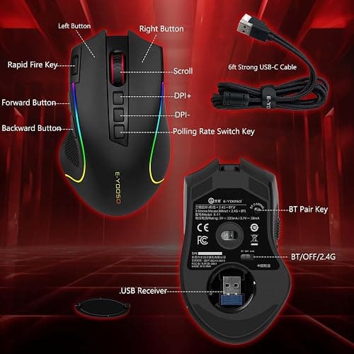 Premium Wireless Bluetooth Versatile Mouse,8000 DPI,6 RGB Backlit,USB C Rechargeable,Ergonomic,2.4G/BT/Wired,Rapid Fire Key,75-Hour Power Capacity,Ideal For Gaming/Office/Home/PC Computer/Laptop/Mac thumbnail 9