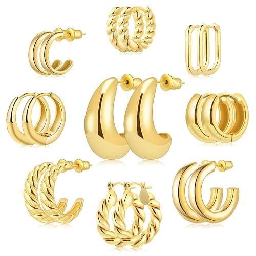 IDJEOABL 9 Pairs Gold/Sterling Silver/Rose Gold Plated Hoop Earrings Set for Women Trendy Chunky Gold Hoops 14K Real Gold Plated Small Huggie Earrings for Sensitive Ears Non Tarnish Jewelry for Gifts - Image 1