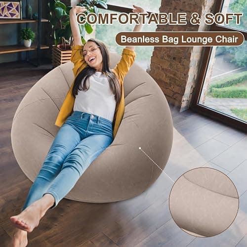 Realspring Inflatable Bean Bag Chairs for Adult Blow up Chairs Lazy Sofa Folding Portable Inflatable Chair for Movie Outdoor Room Bedroom Reading Camping(Coffee) thumbnail 5
