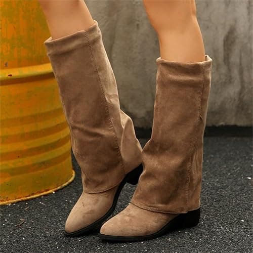 MJGkhiy Botas de mujer de invierno con tacón cómodas botas de gamuza elegantes cálidas botas hasta la rodilla marrones botines con polainas solapa vintage otoño negro botas vaquero thumbnail 3