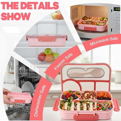 YANLIFY Bento Box for Adults,4 Compartments Lunch Box, Snack Containers Reusable Lunch Containers Drop-Proof, Dishwasher Safe & Made with BPA-Free Materials, Pink thumbnail 6